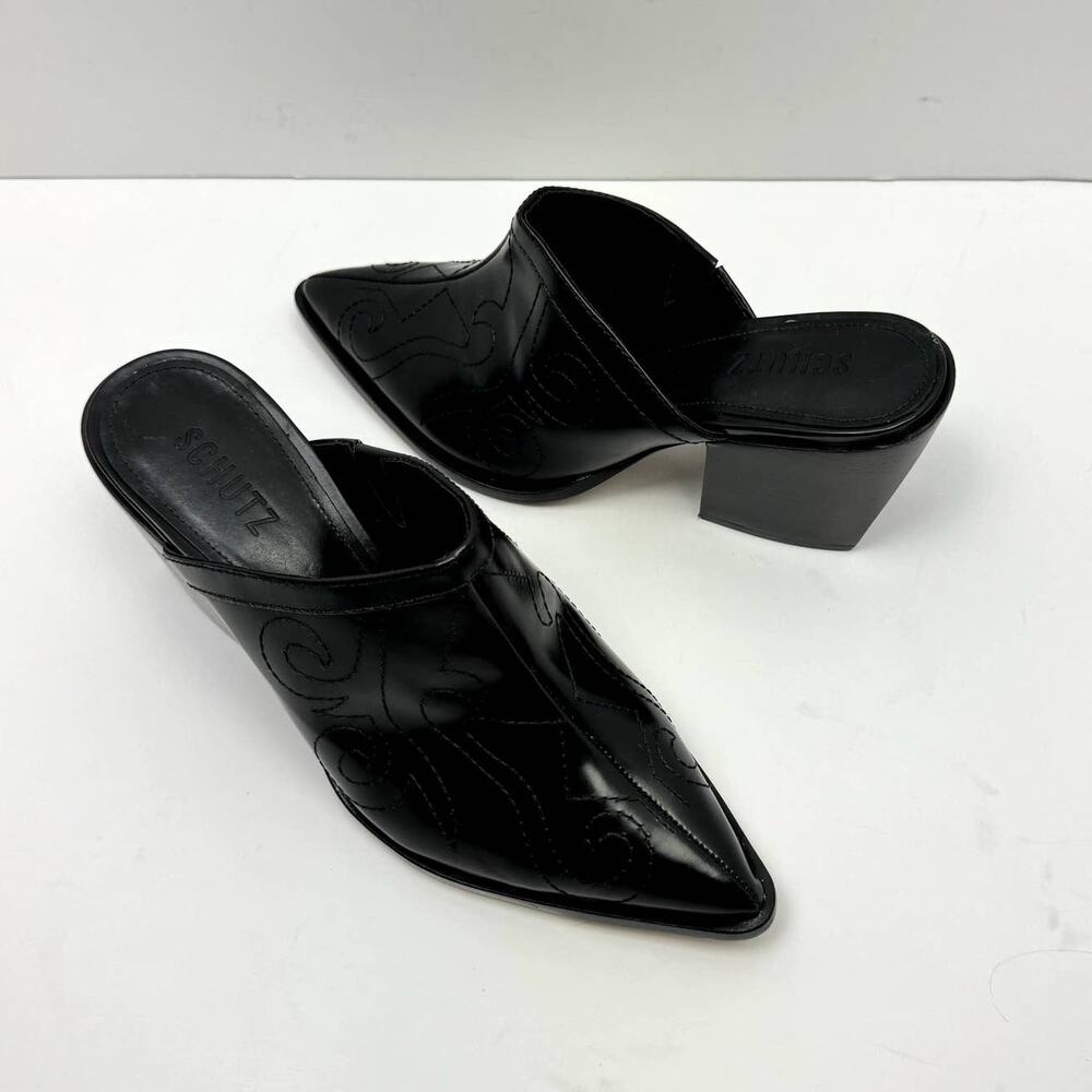 NEW Schutz Zarly Black Leather Western Stitched Slip On Heel Mules - Picture 9 of 13